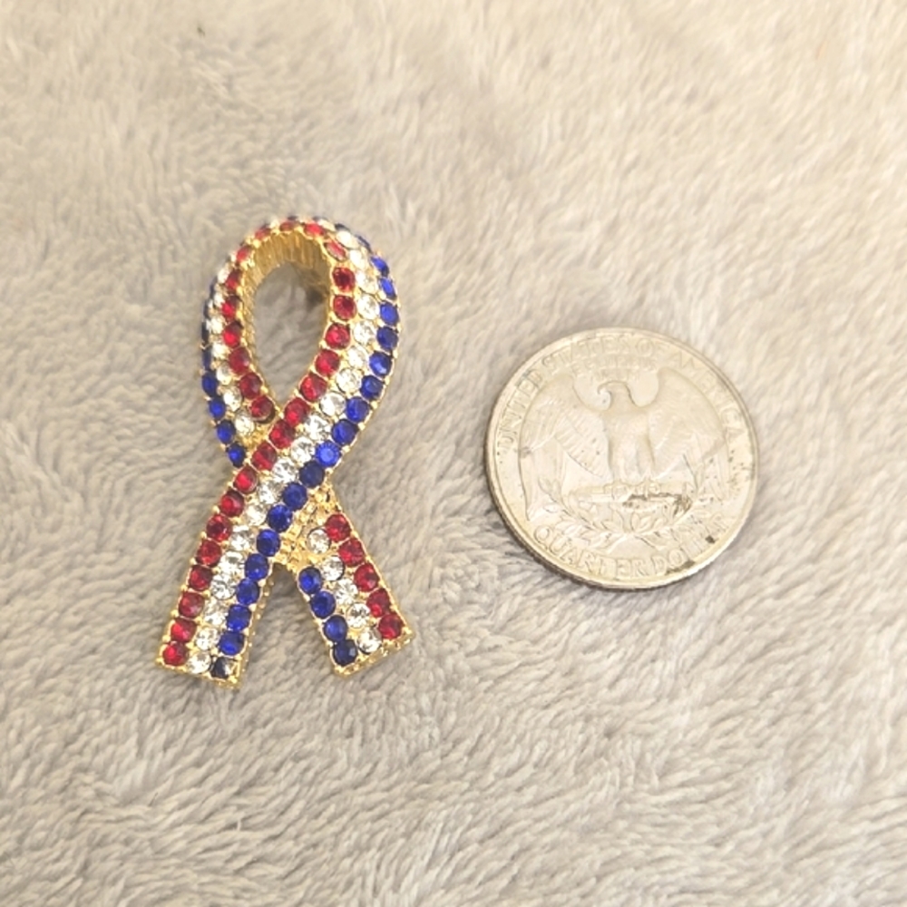 #160 Elegant Gold Ribbon Brooch with Red, Blue, and Silver Accents - Picture 2 of 3